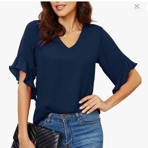 Navy Blue Chiffon Blouse - V-Neck with Ruffled 3/4 Length Sleeve - Size L